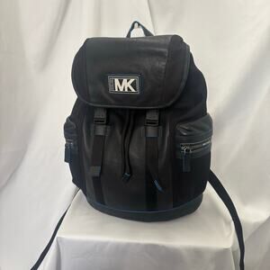 Michael Kors MK Black Nylon Leather Cooper Backpack Logo Patch Buckle Flap Bag
